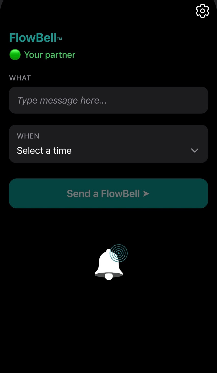 FlowBell Home screen: type a message, pick a time, send a FlowBell