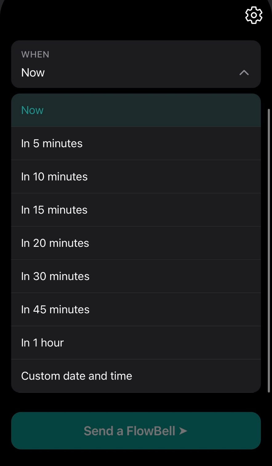 FlowBell time picker with Now, in 20 minutes, and custom time