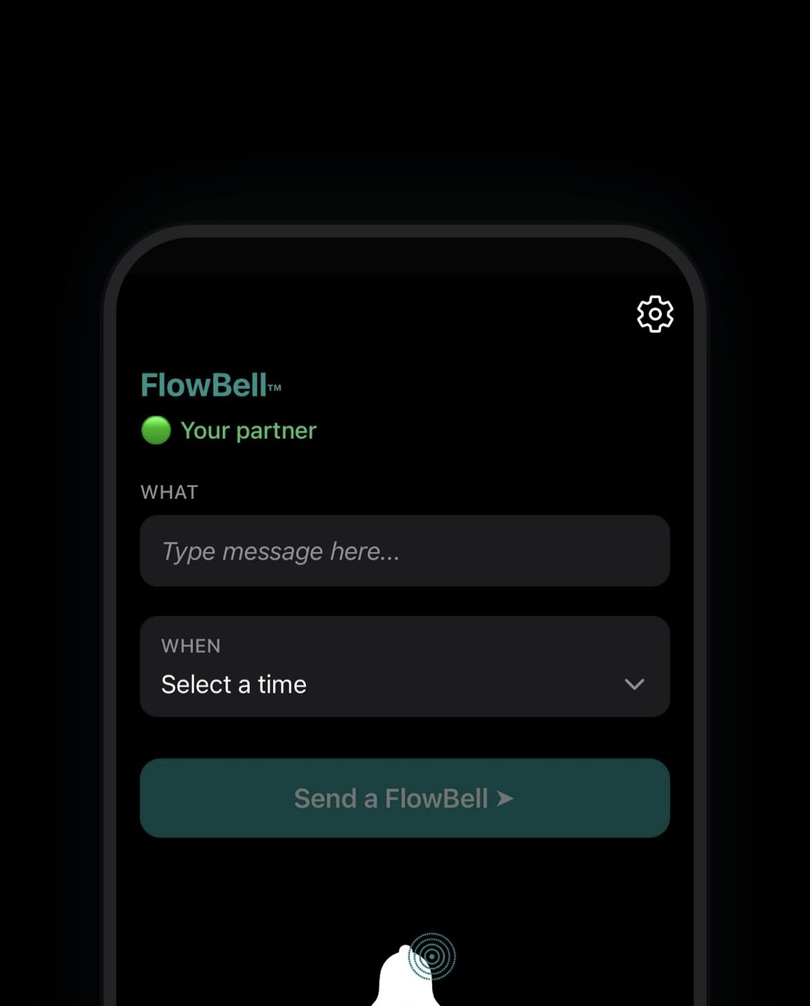 The FlowBell compose screen, showing a message field and a time picker