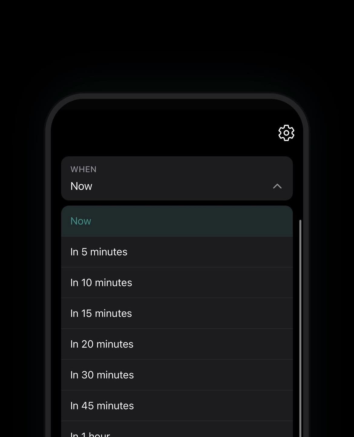 The FlowBell time picker, showing options from Now to one hour